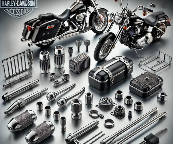 dall e 2025 02 17 00.41.38 a high quality image showcasing a collection of harley davidson motorcycle accessories including chrome handlebar switch housings luggage racks clu